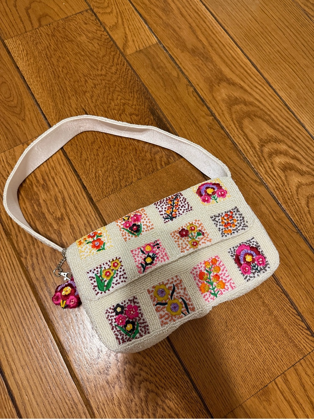 Embroidered Floral Patchwork Shoulder Bag in Cream